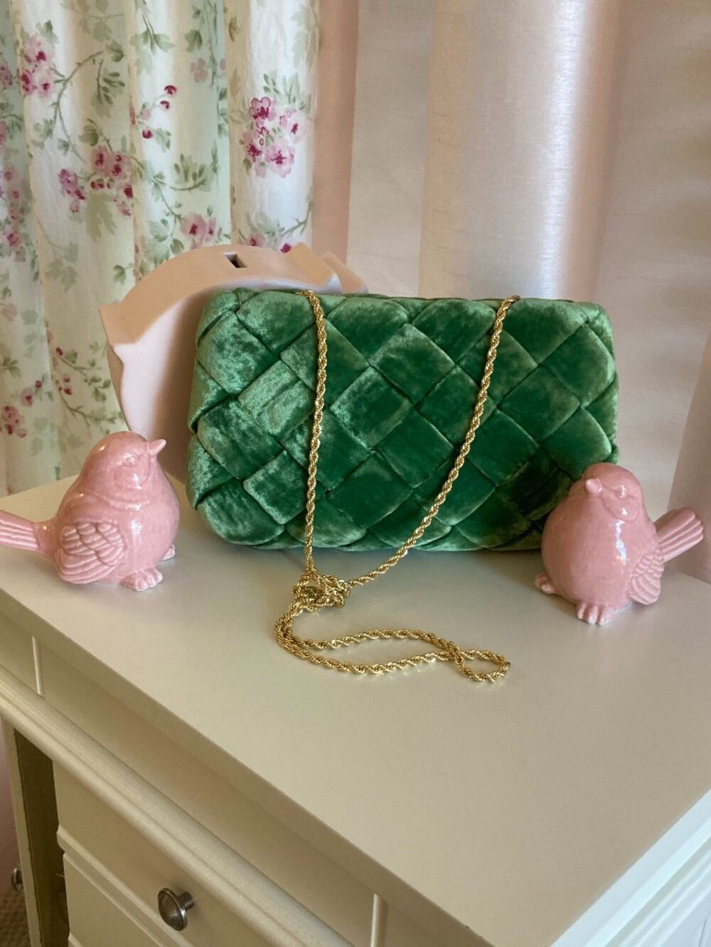Loeffler Randall Aviva Crossbody Bag in green crush velvet, braided gold strap